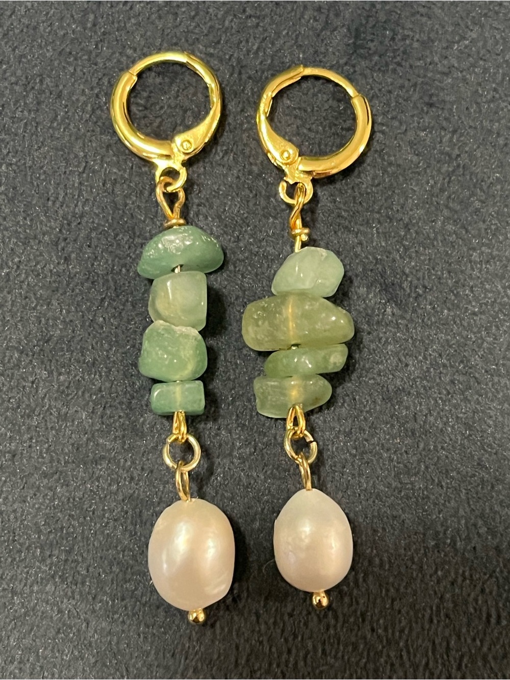 Gold Hoop Earrings with Green Stone Chips and White Pearl Drops